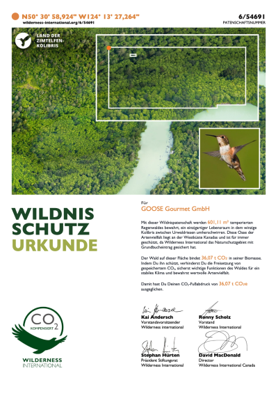 Wildnisschutzurkunde aufgestellt auf GOOSE Gourmet